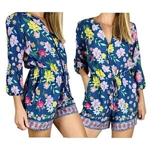 Tabitha Webb Womens 6 Romper Blue Floral Vacation Drawstring Long Sleeve Pockets